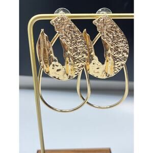 Modernist Gold Teardrop Drop Earrings Organic Open Hoop Dangle Boho Chic